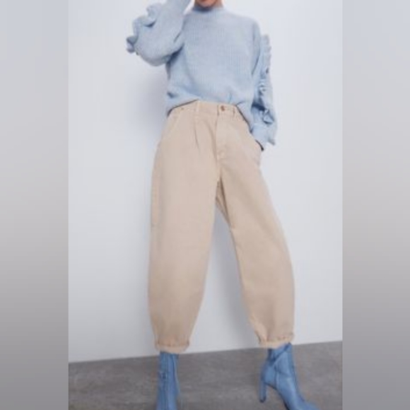 Zara Denim - ZARA Balloon Paper Bag Wide Leg Pants Jeans Cream Off White Beige Size 2 XS -S